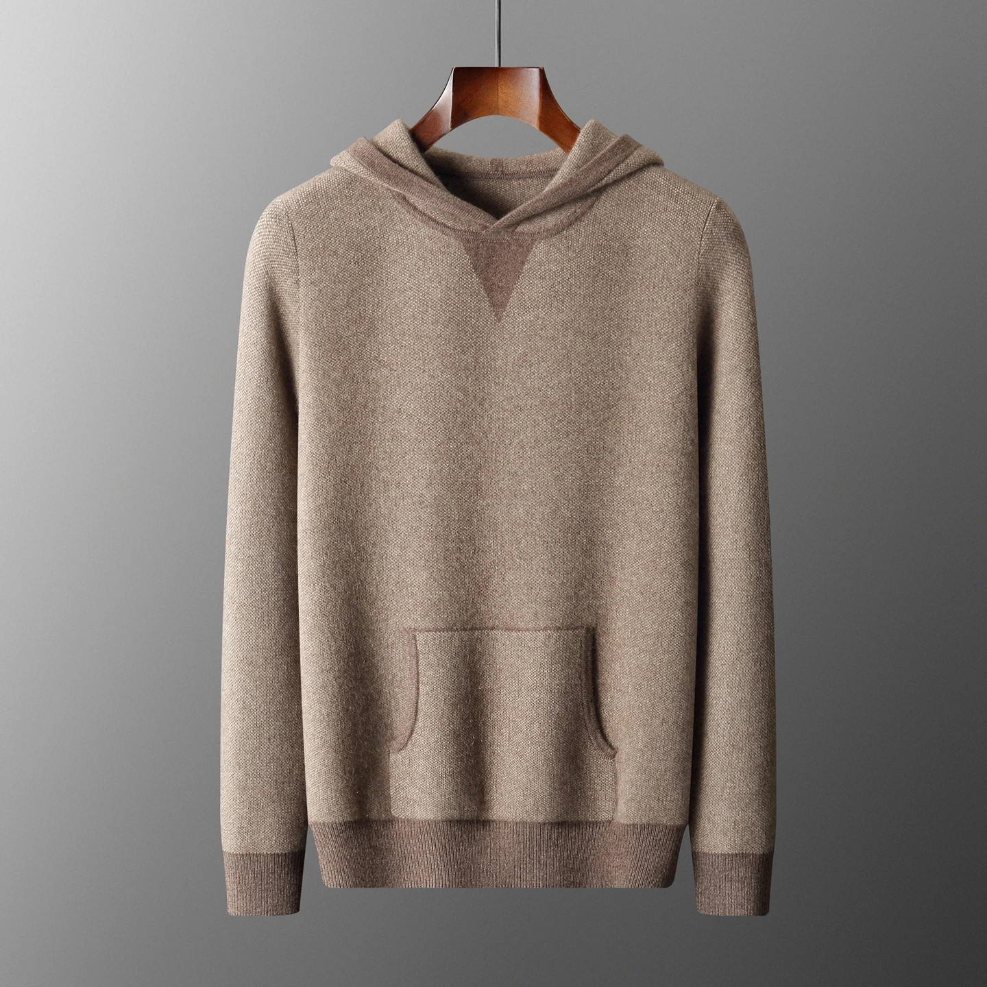 Men's Hooded Cashmere Sweater 100% Thick Knitted Warm Casual Pullover Long Sleeve Autumn Winter Fashion with Contrasting Colors.