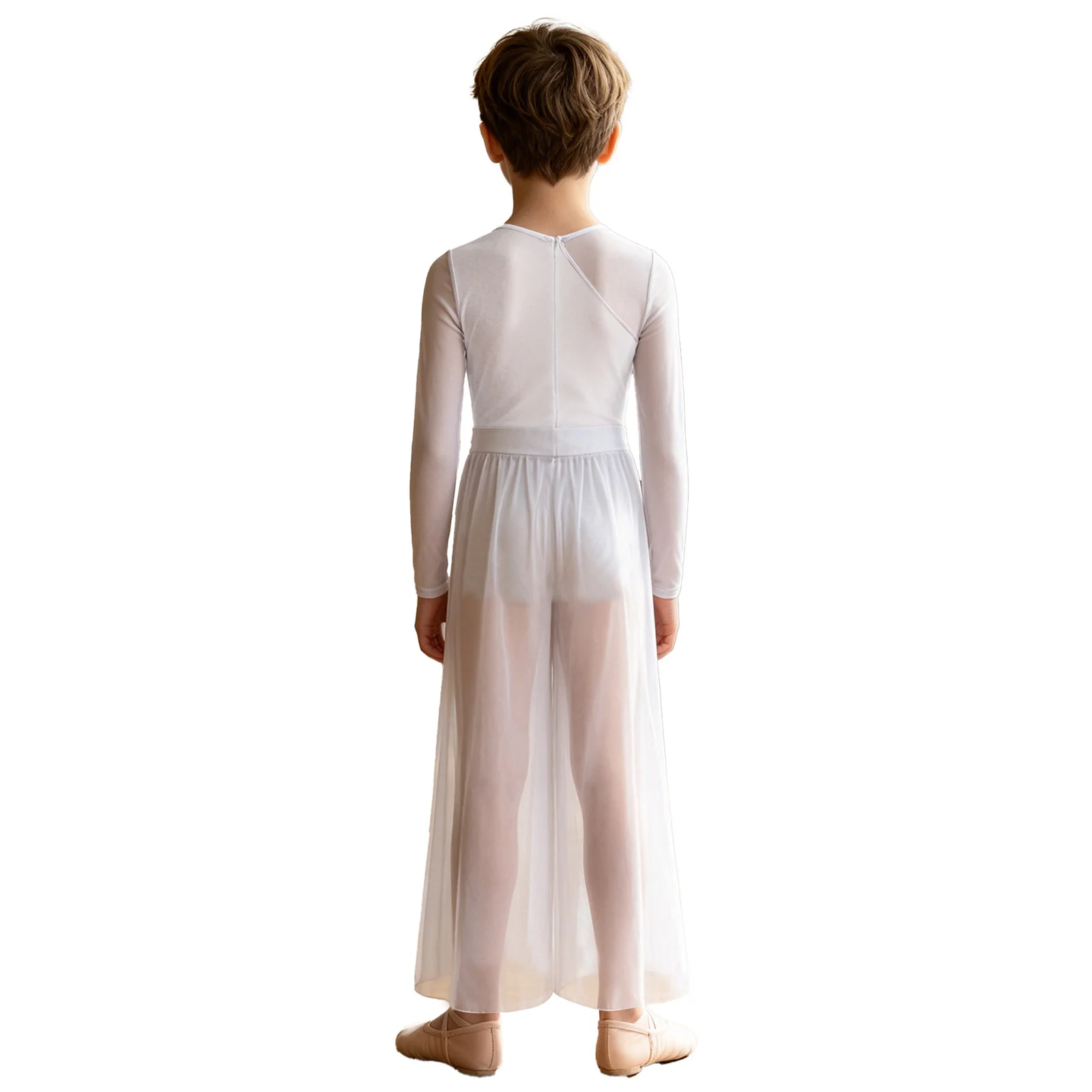 Kids Boys Girls Lyrical Dance Outfit Mesh Long Sleeve Bodysuit with Split Mesh Pants Figure Skating Latin Tango Modern Dancewear
