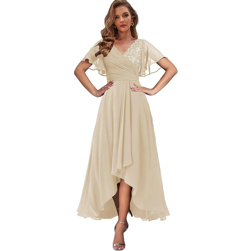 

Tea Length Mother of The Bride Dresses with Sleeves High Low Evening Formal Dress for Women Wedding Guest