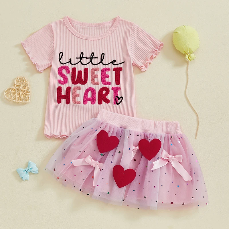 Lovely Toddler Kids Girl Valentine's Day Clothes Letter Print Short Sleeve Crew Neck Tops with Star Tulle Mesh Lace Skirt Set