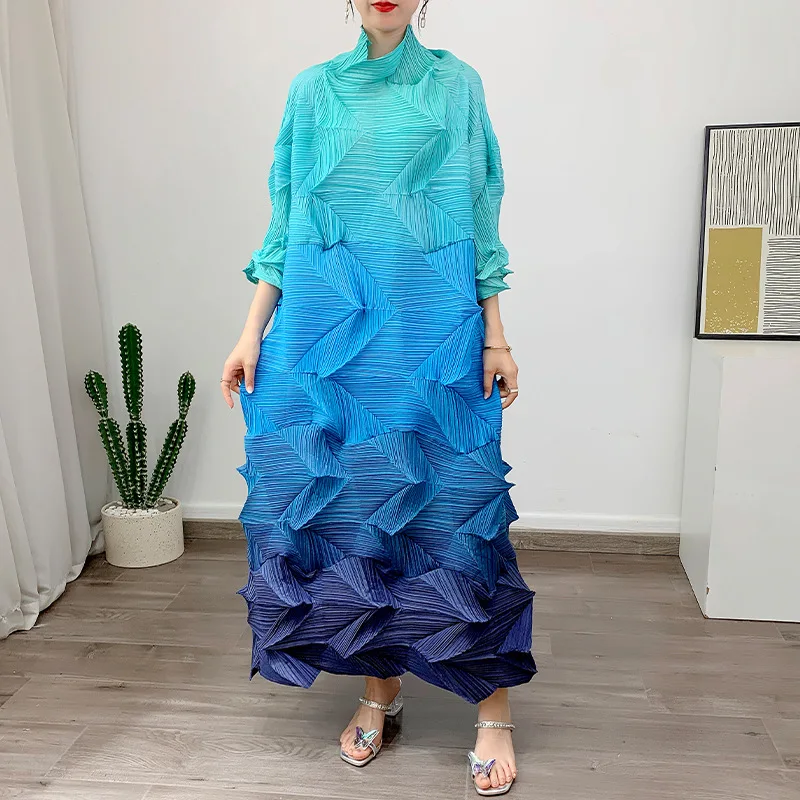 

2024 New Plus Size African Dresses Gradient Plus Size Women's Miyake Pleated Dresses Print Casual Dresses Natural Short