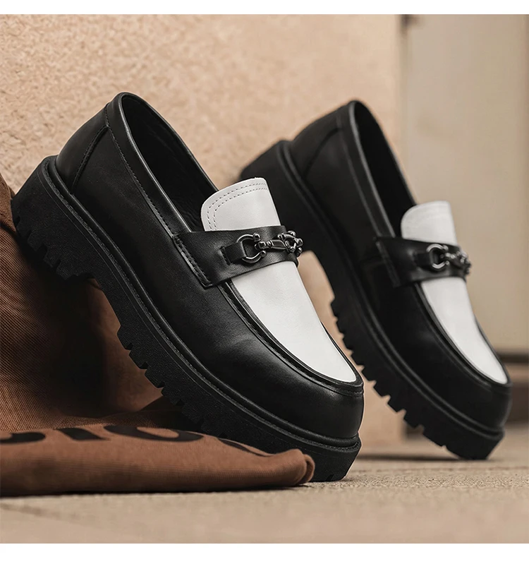 Herren-Loafer mit dicker Sohle, Metallschnalle, Slip-On-Lederschuhe, rutschfeste Plateau-Freizeitschuhe für Büro, Alltag und Party – Detail 15