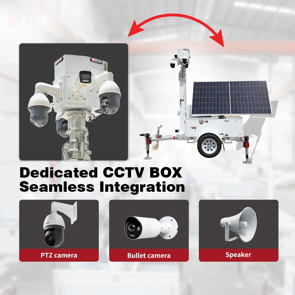 Solar Panel Mobile Trailer Electric Mast Solar CCTV Surveillance System Featuring SD Card Cloud Storage For Remote Monitoring