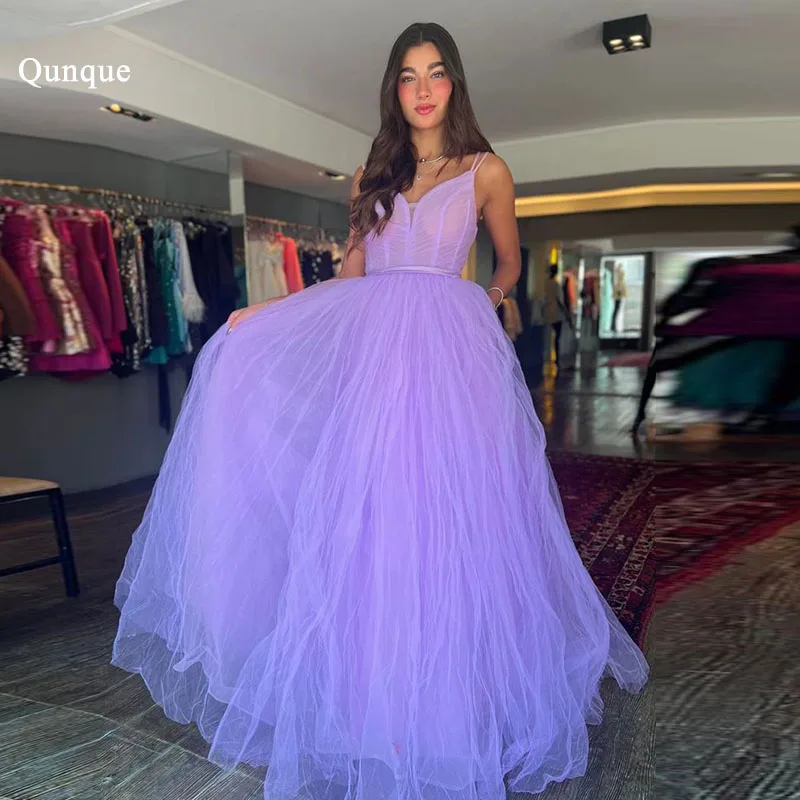 

Qunque Elegant Lilac Tulle A-line Prom Dress Fashion Spaghetti Straps V-neck Pleat Party Dress Evening Gowns Vestidos De Fiesta