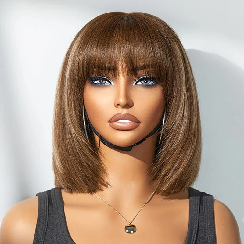 Short Brown Highlight Blonde Layered Cut Straight Human Hair No Lace Wigs