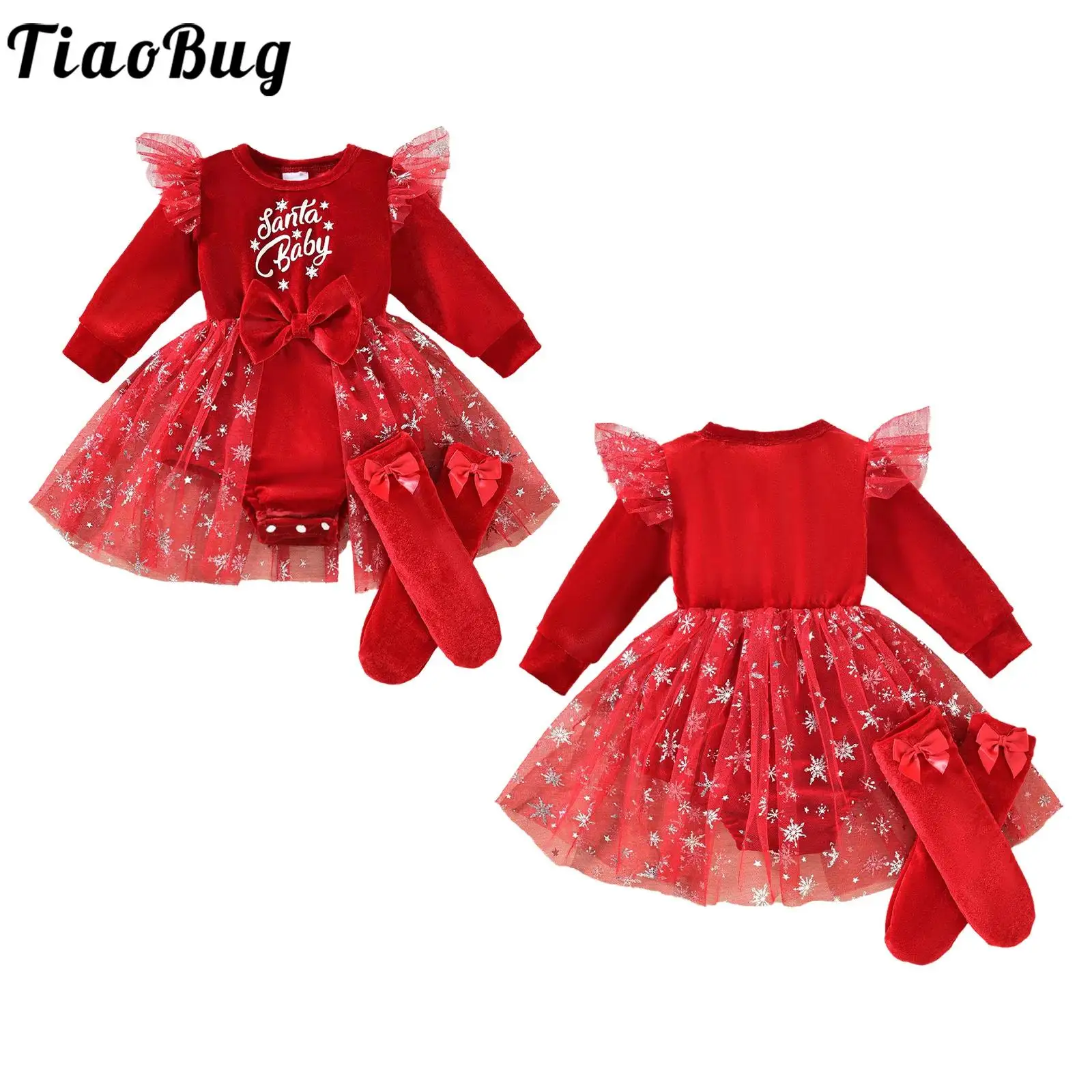 

Наряд для рождественской вечеринки для маленьких девочек, бархатный комбинезон из прозрачного тюля с длинными рукавами и бантом, комбинезон с юбкой и носками