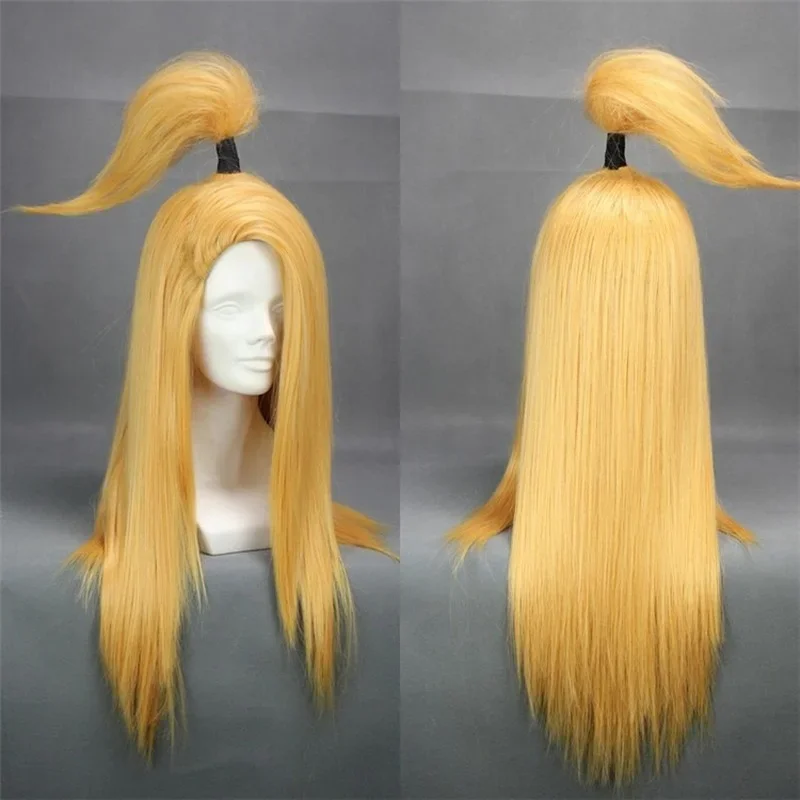 

Akactuki Wigs Deidara cosplay Long Gold Heat Resistant Synthetic Hair wig Cap Yellow Model High Ponytail Anime