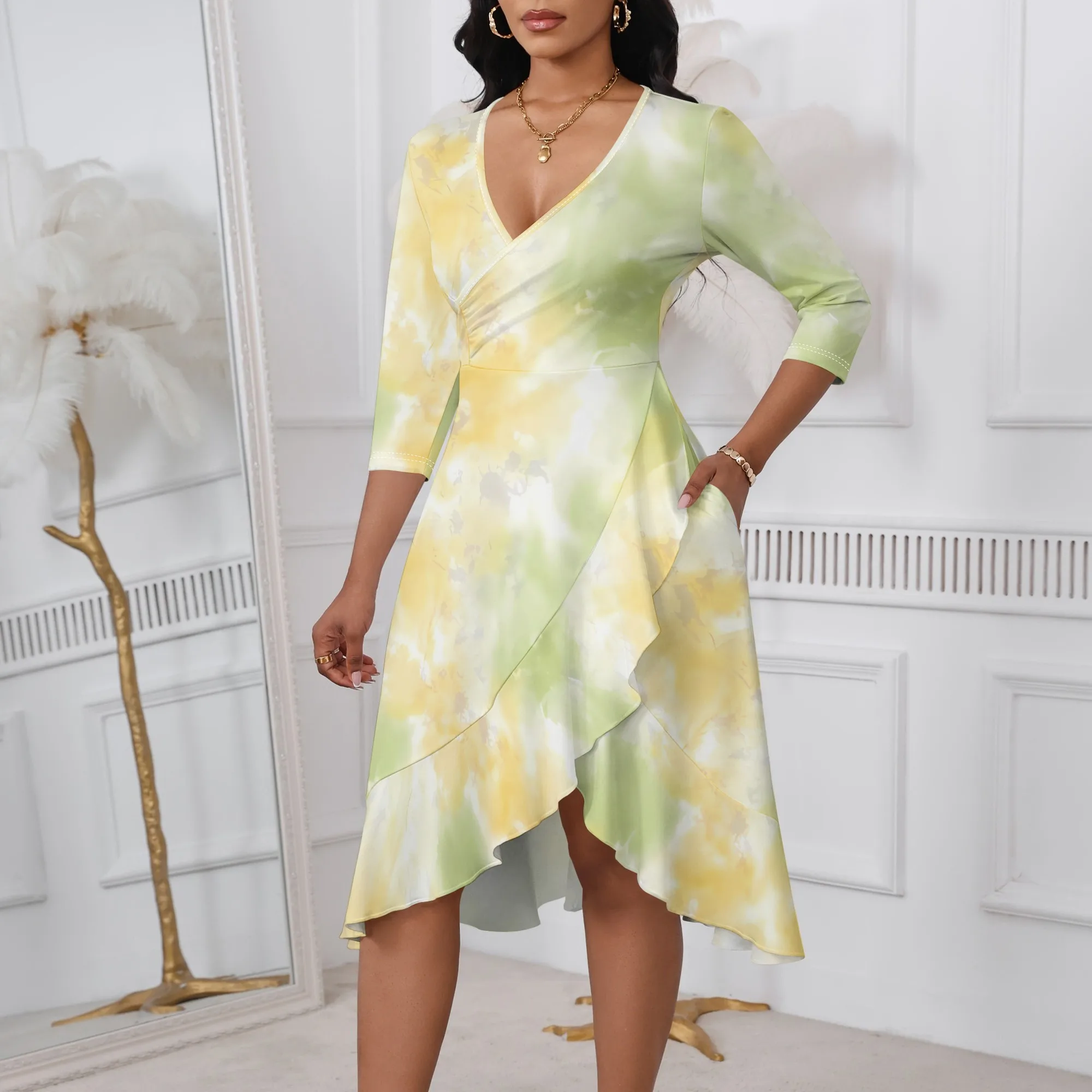 

Women's Beige Floral Wrap Maxi Dress Flowy Gold Cream Evening Chic