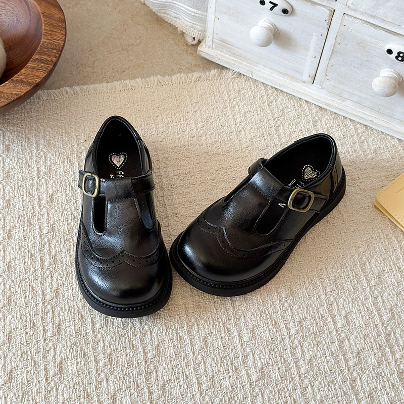 Little Girls Mary Jane Shoes 2026 New Autumn Toddler T-Strap Brogue Leather Shoes Soft Sole Vintage Princess School Party Flats