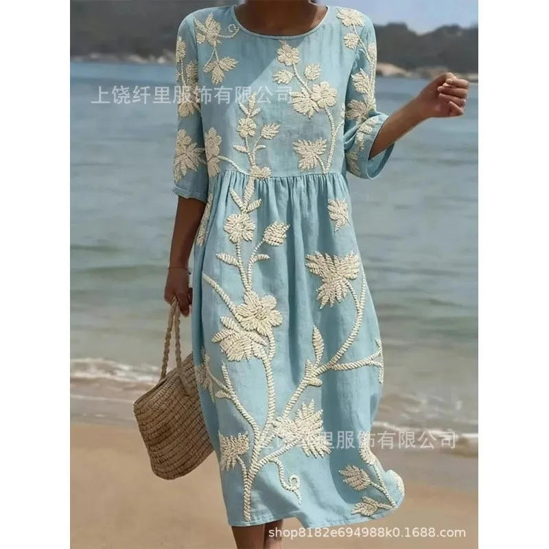 Spring Women's Clothing 3D Print Round Neck Casual Wear Elegant Party Dress For Woman Polyester Loose Fit Long Sleeve Maxi