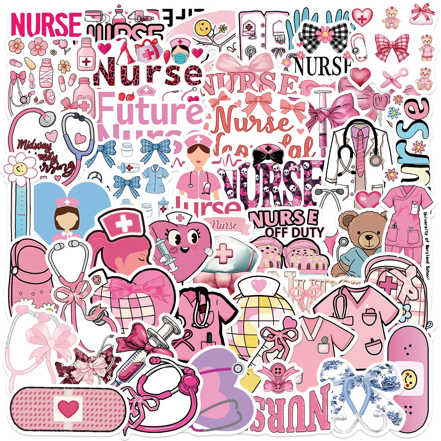 

50Pcs Pink Bow Nurse Series Stickers Suitcase Phone Case Water Bottle Waterproof Decoration Diy Sticker Packs