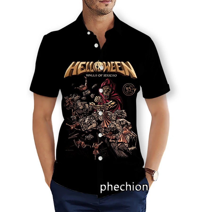 phechion Mens Short Sleeve Beach Shirts Helloween Band 3D Print Casual Shirts Fashion Streetwear Men Tops X261