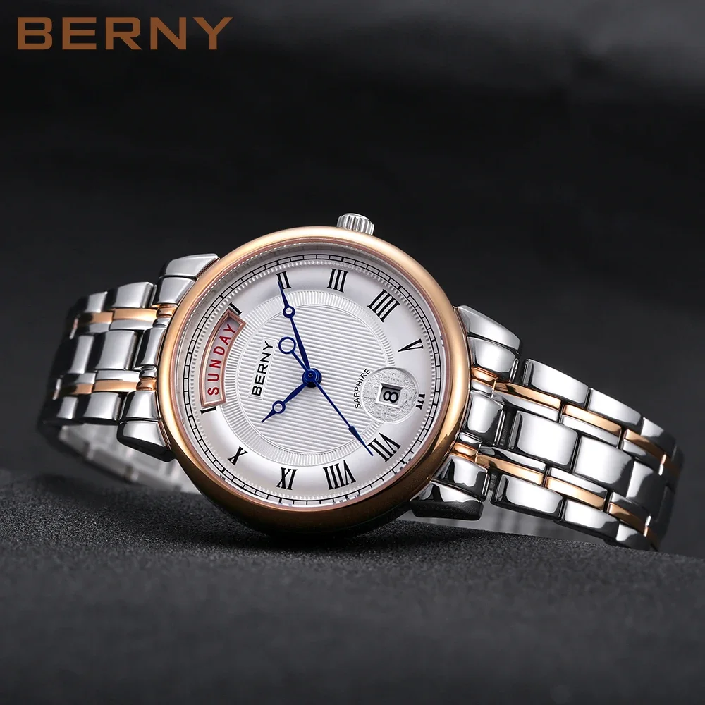 BERNY Women Watch Ladies Quartz Roman Numerals Day Date Calendar Watches Sapphire Glass Solid Steel Strap Women Wristwatch