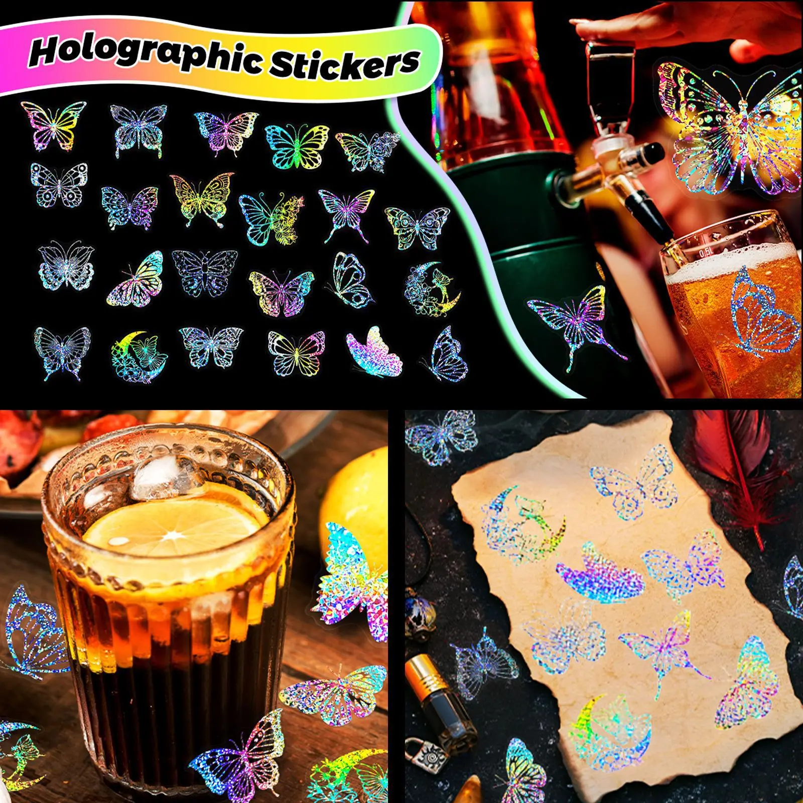 100 PCS/PACK Transparent Butterfly Laser Stickers Holographic Stickers PET Creative Retro Stickers for Laptop,Water bottles,Helm