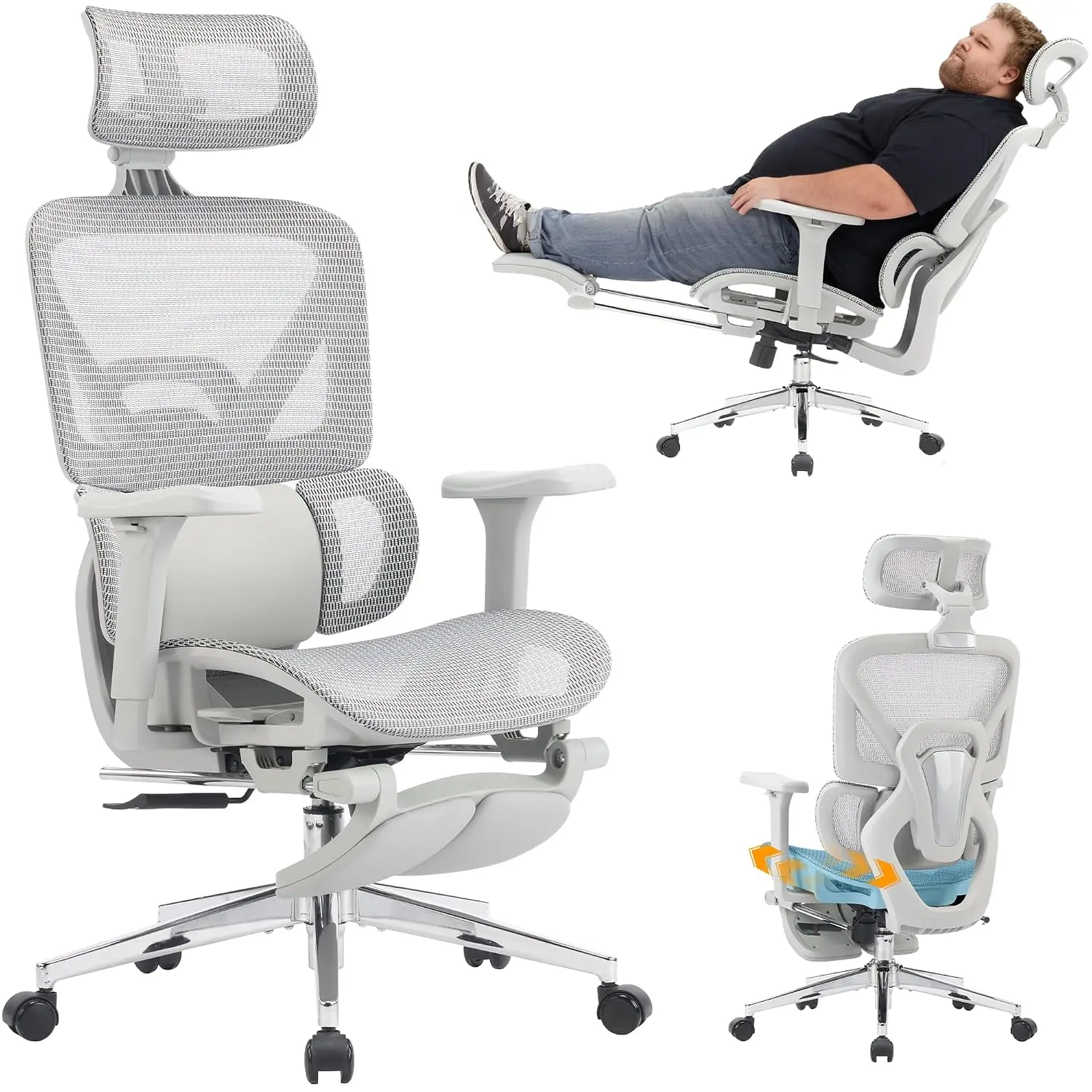 Ergonomic Office Chair Footrest, 5-Level Backrest, 4D Arms, 3-Zone Lumbar, 3D Headrest, High Back Swivel Rolling, Customized