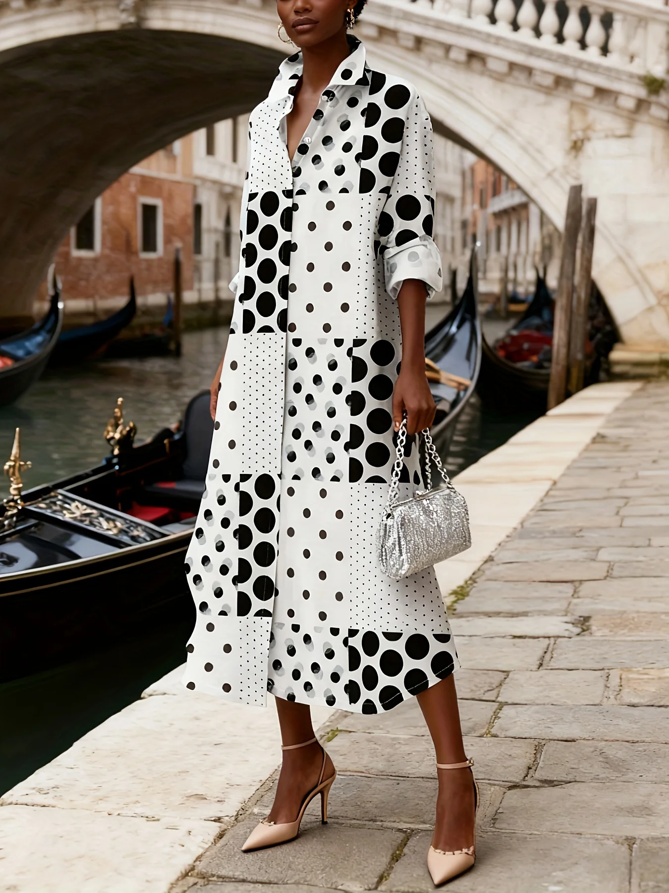 Schwarz-Weiß Gepunktetes Urlaubskleid Langärmliges Hemdkleid mit Kerbkragen Lässiges Sommerkleid für Damen