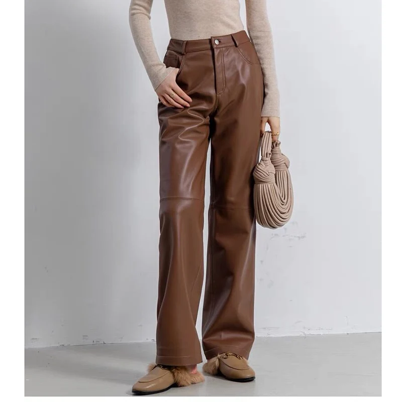 2024 Leather Long Pants Women New Commuter Waist Slim Sheepskin Wide Leg Full Length Straight Cylinder Trousers