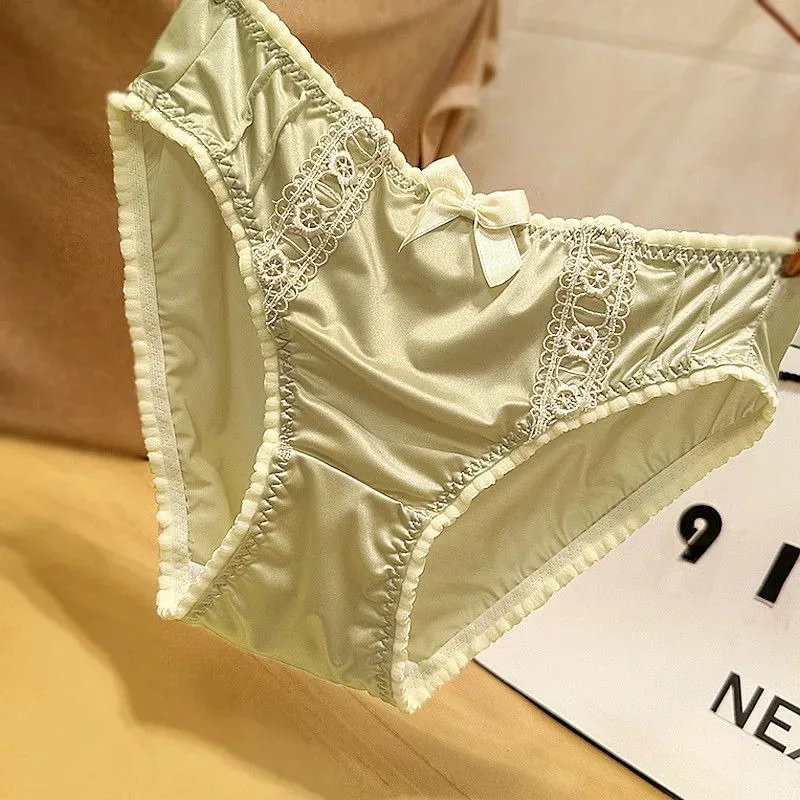 French Style Female Panties Light Luxury Embroidered Lace Briefs Women's Ice Silk Satin Comfort Skin Stretch Low Waist Underwear