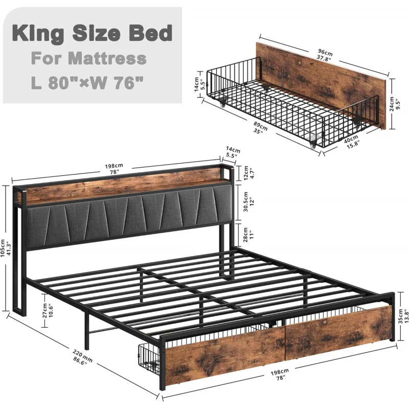 LIKIMIO King Size Frame,Storage Headboard Charging Station,Platform Bed with Drawers,No Box Spring Needed,Easy Assembly