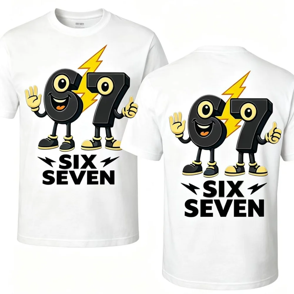 2026 New adult T-Shirt 67 Cartoon Print Front And Back Casual Short Sleeved Top For Men And Women