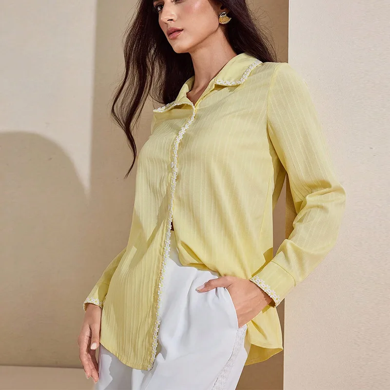 

2025 New European and American Style Ruffled Long-Sleeved Shirt Solid Color Cardigan Top