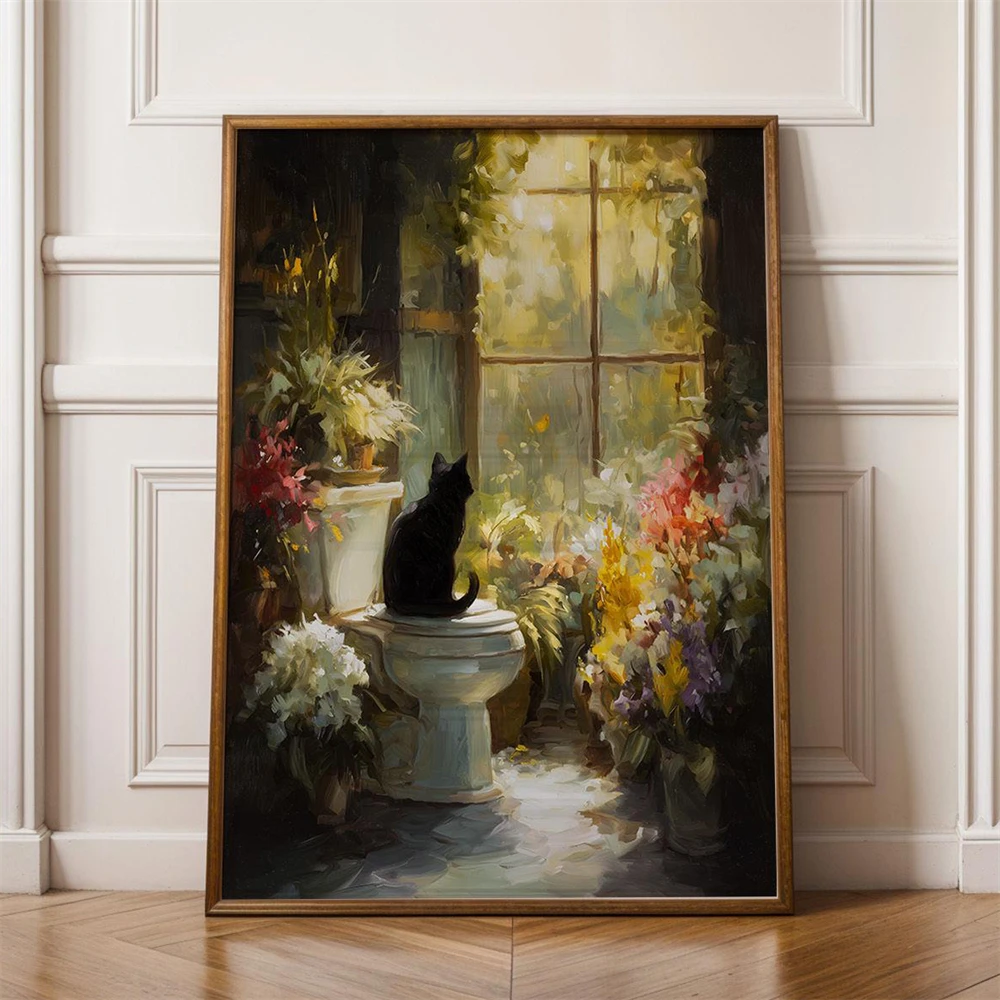 Funny Bathroom Poster Bath Cat Print Funny Toilet Pooping Print Toilet Wall Art Vintage Cat Reading Newspaper Canvas Painting