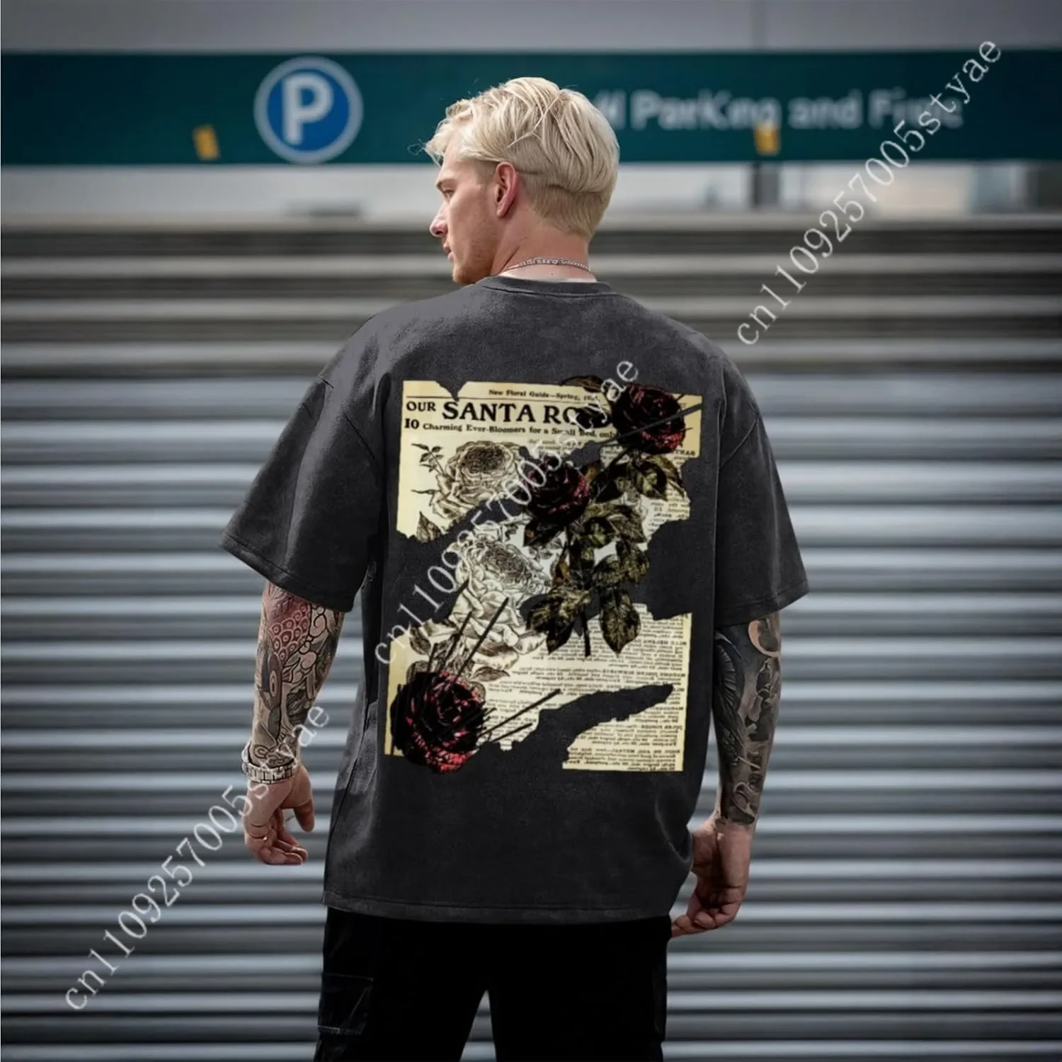 Mens Acid Wash Tshirt Oversized Vintage Graphic T-Shirts Cool Grunge Rose Floral Shirt Trendy Y2K Streetwear Tee Tops