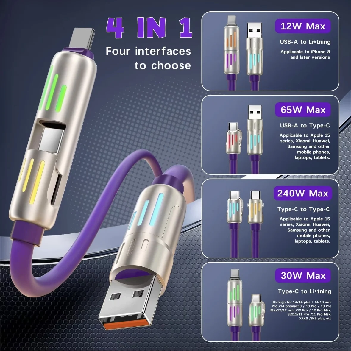 240W 4-in-1 USB Type C Silicone Fast Charging Cable, For iPhone/Huawei/Samsung/Xiaomi, Durable Type-C To USB A Cable