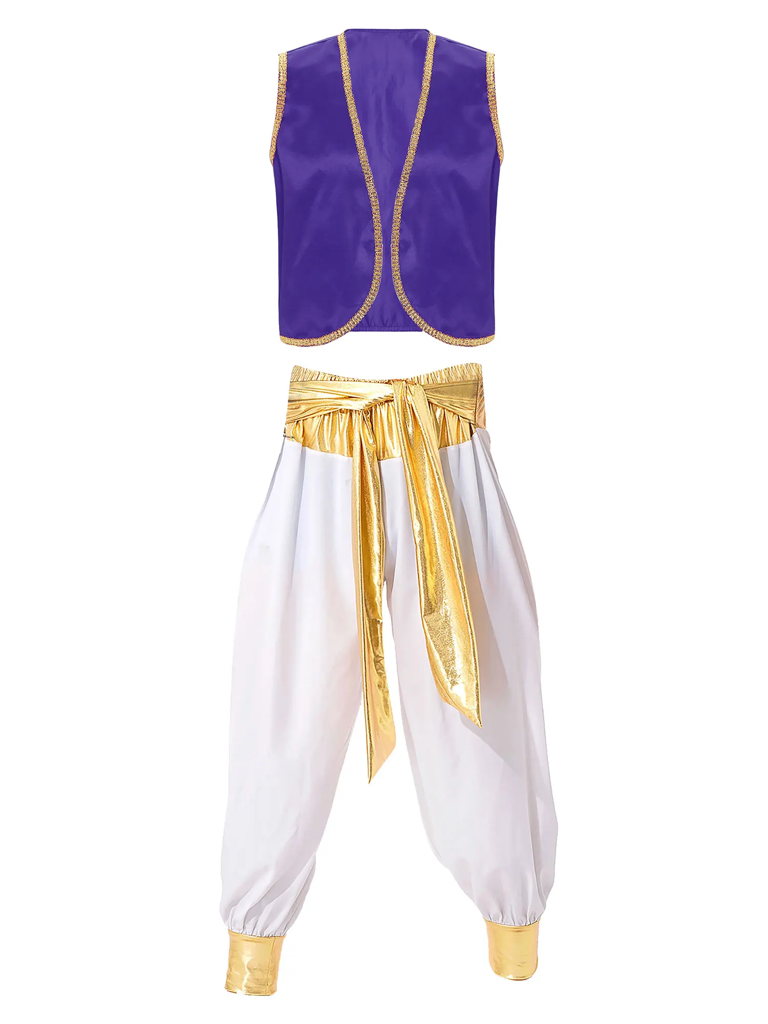 Mens Arabian Prince Costume Sleeveless Braided Trimming Open Front Waistcoat with Lantern Pants for Carnival Cosplay Party