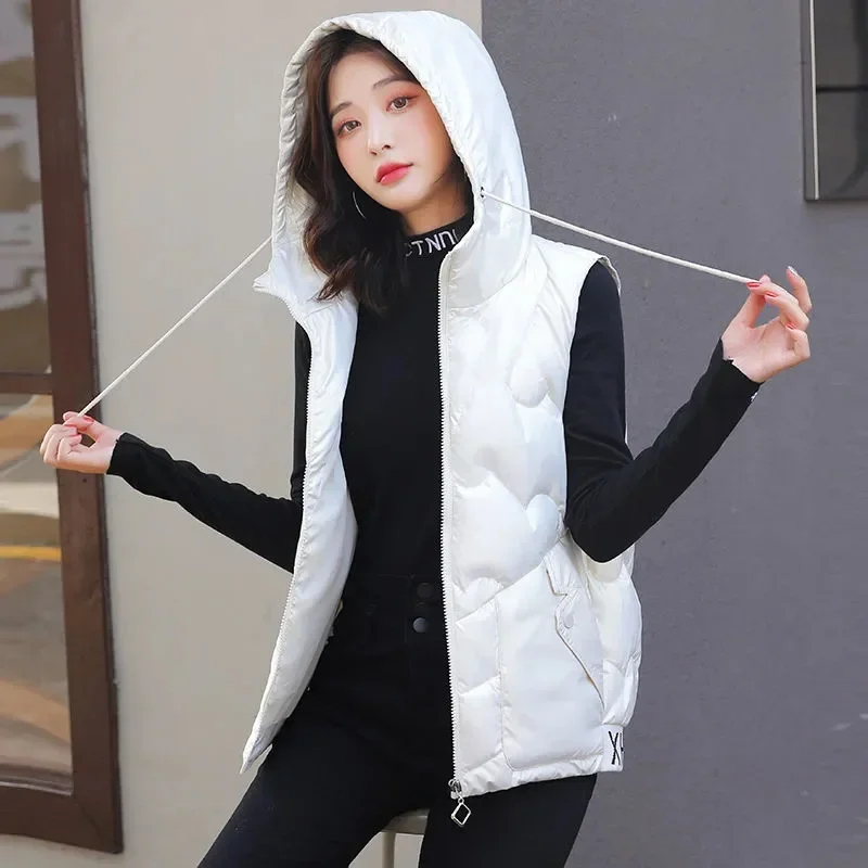 2024 Winter Newn Down Cotton Vest Women Autumn Sleeveless Hooded Coat Jacket Overcoat Quilted Padded Thick Puffer Vest Outwear