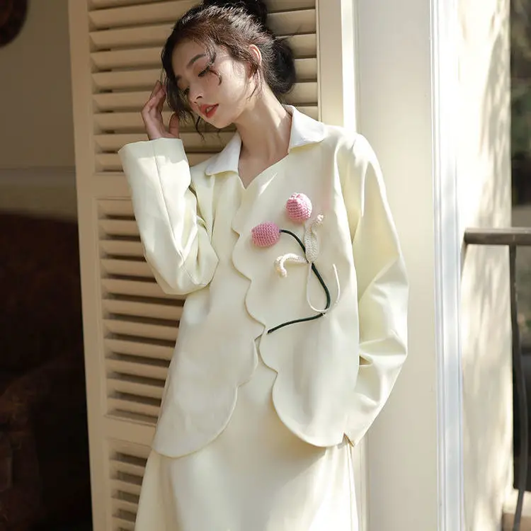 Autumn Milk Apricot Fashion Suit Women Petals Slant Lapel Splicing Small Western Sweet Spicy Dress Set Dress Women