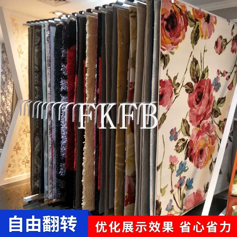 Free Standing Metal 20-Arm Double-Sided Carpet Display Rack MDF Material for Store Hanging Large Area Rugs Blankets