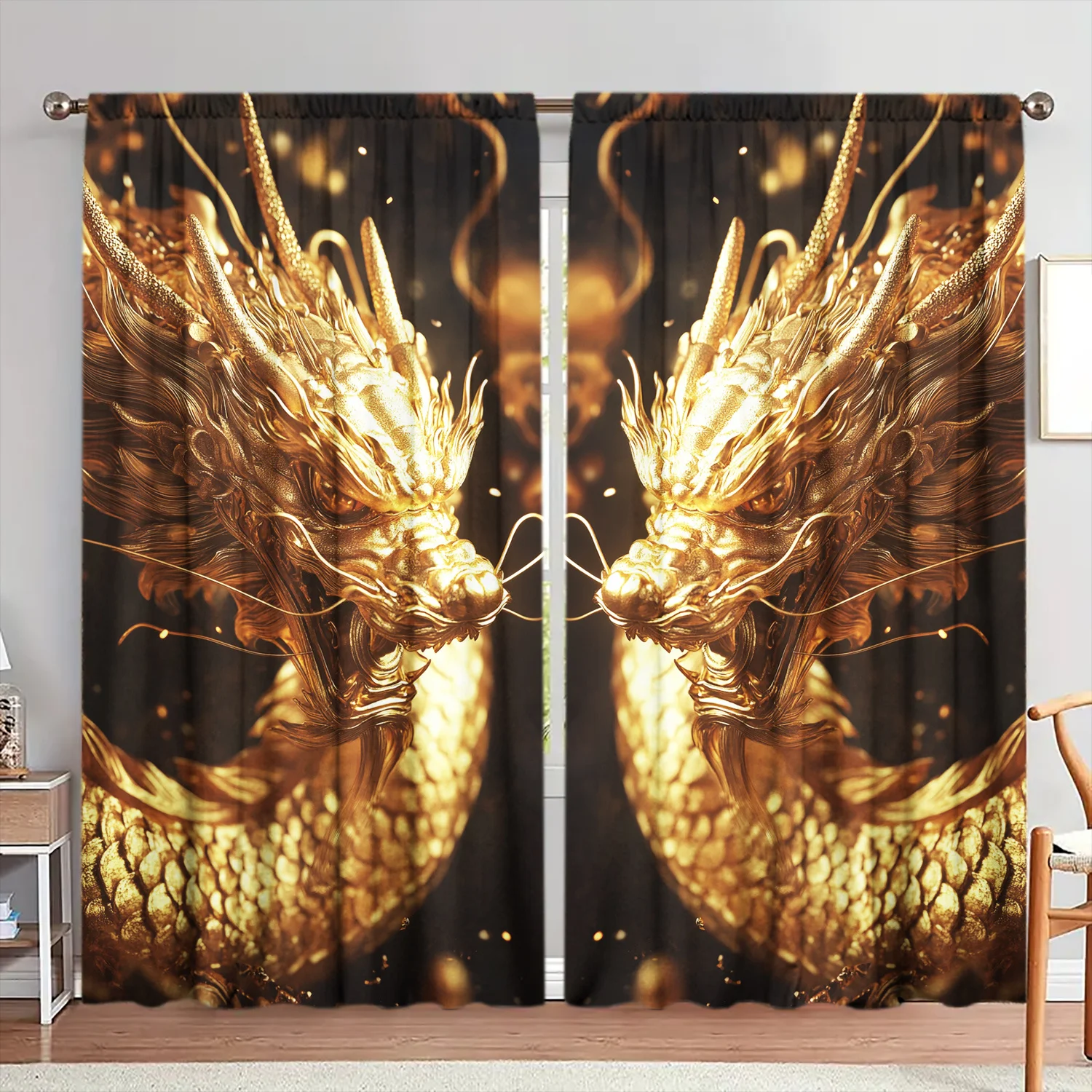 Golden Dragon Print Curtains, Chinese Mythology Blackout Drapes for Living Room, Oriental Zen Home Decor Window Treatment