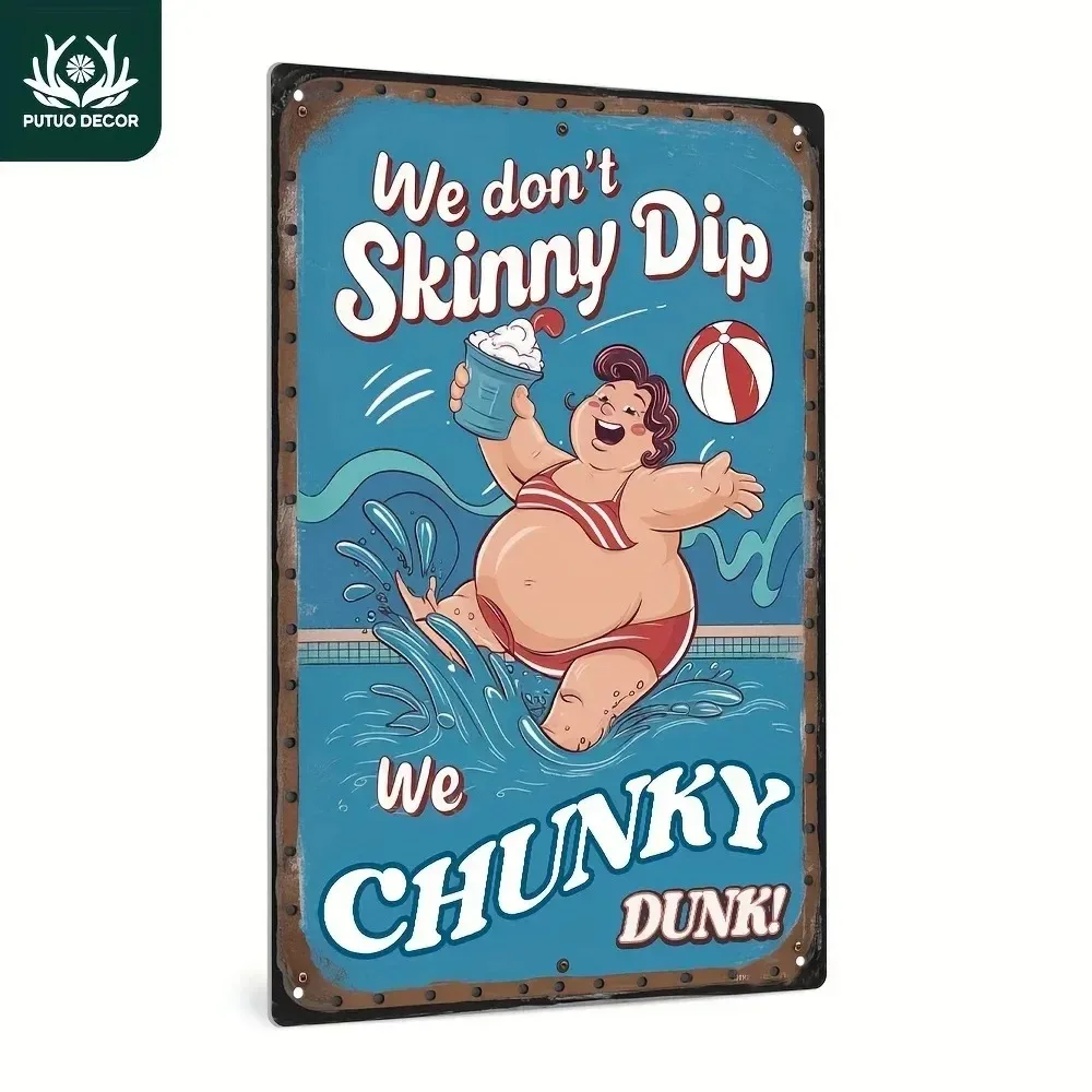 

DUNKVINTEDGE "Plunge into Nostalgia" Distressed Metal Sign – Vintage Swim Art with Diving Board & Inflatable Flamingo Motif