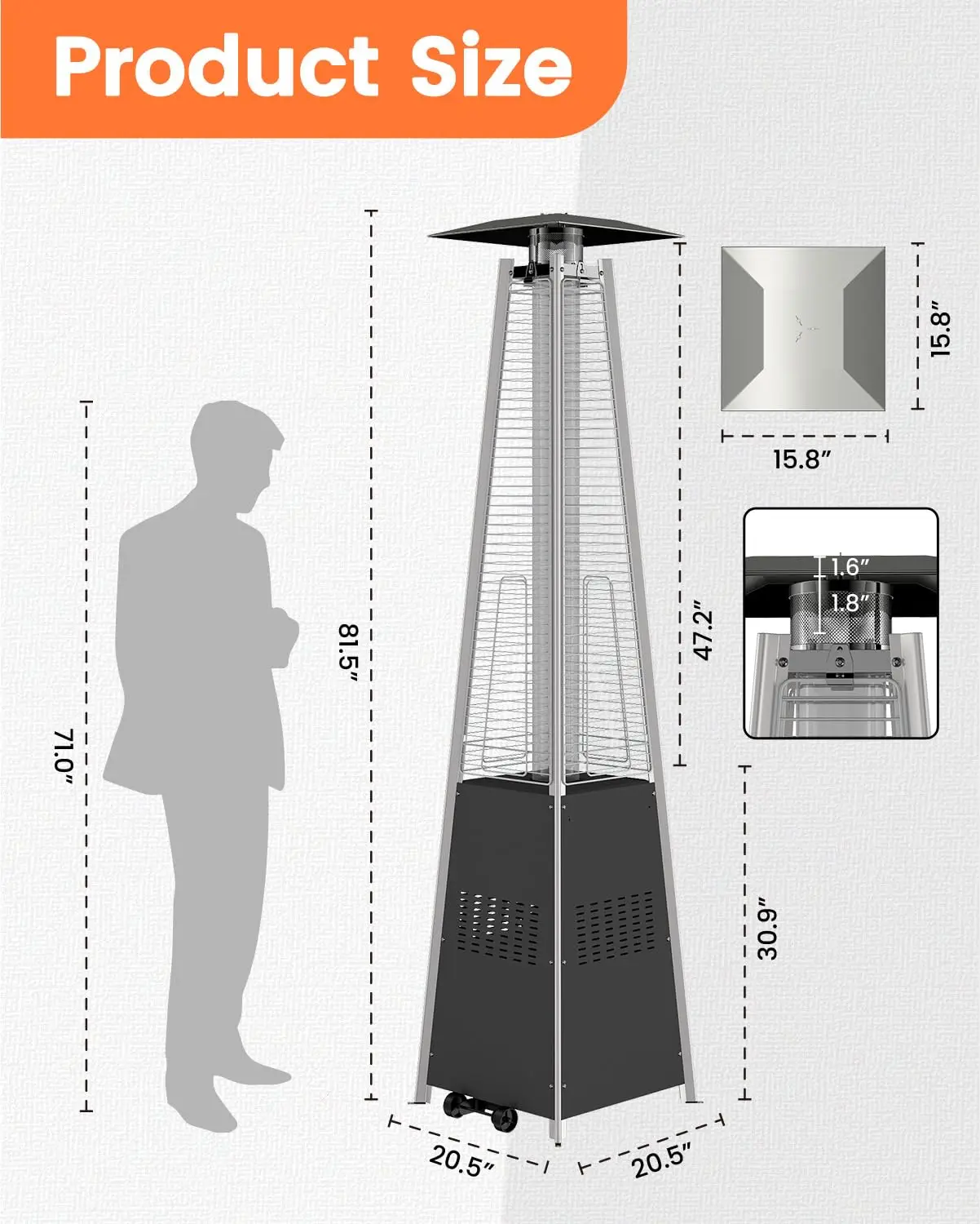48,000 BTU Pyramid Patio Heater with Wheels, Cover, Dark Black