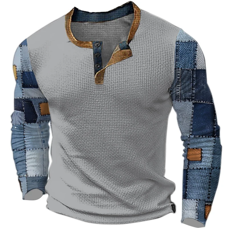 Spring Autumn Henley Shirts Color Block Patchwork  Printed Men's Fashion Vintage Button-Down Long Sleeve T Shirt Man Tees Tops