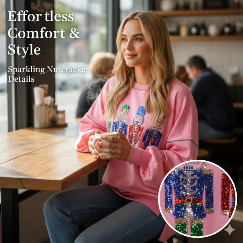 

Festive Women's Sweatshirt Featuring Nutcracker Sequin Design Cozy Oversized Pullover Top For Winter Streetwear Holiday Outfits