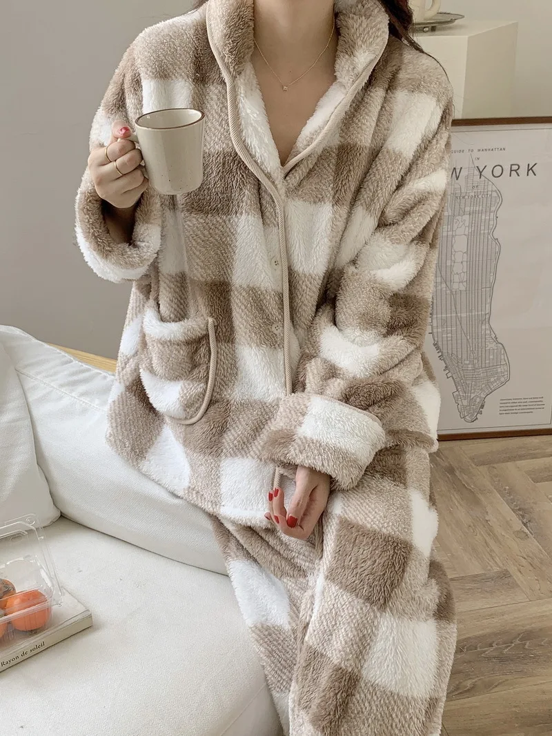 Couple Sleep Set Pajamas Plaid Warm 2PCS Home Clothes Women Flannel Lapel Nightwear Casual V-Neck Pyjamas Sleepwear With Buttons