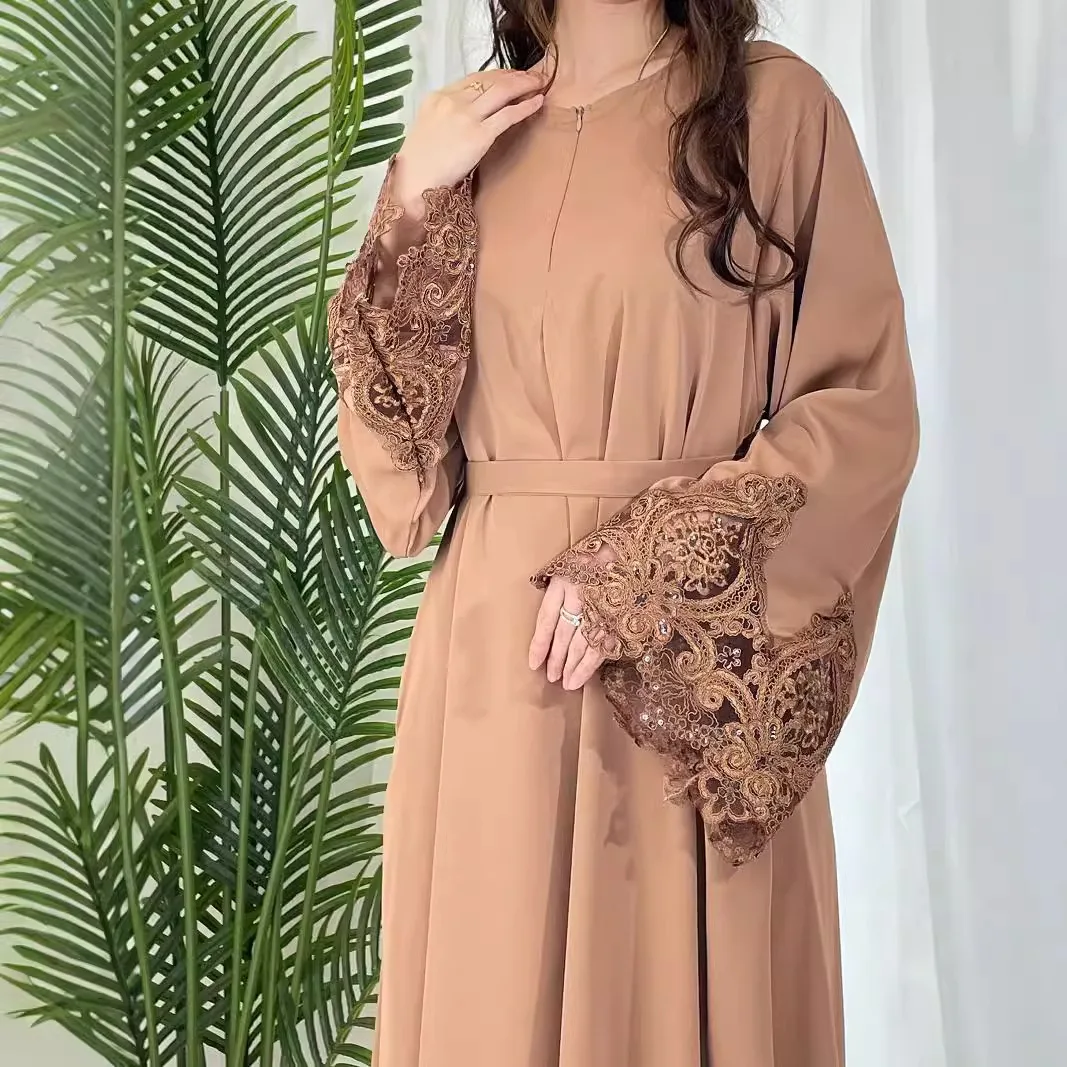 ผู้หญิงยาวหลวมชุด Abaya Robe ใหม่สีทึบดอกไม้ลูกไม้มือซิปชุดสีทึบ