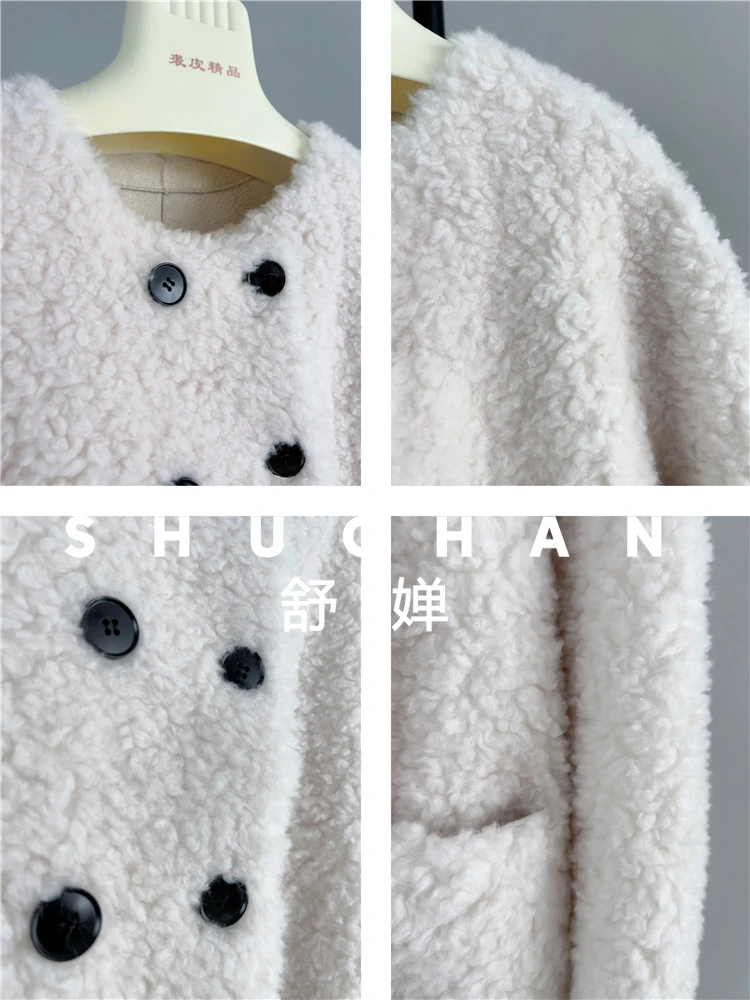 معطف صوف 100% للسيدات جديد دافئ فضفاض للخريف والشتاء جديد من فرو الضأن الفرنسي الخالص برقبة دائرية طويلة متكاملة