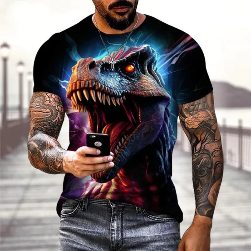 

Fashion 3D Dinosaur Print Men's T Shirt Funny Animal Pattern Short Sleeve Tops Summer Breathable Round Neck Tees Casual Pullover