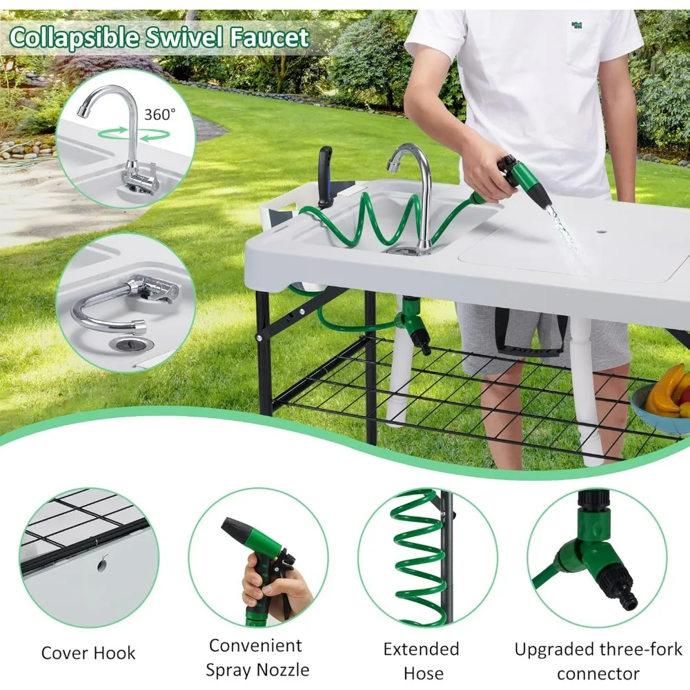 Buiten Visreinigingstafel Draagbaar Camping Wastafel Station Met Dubbele Spoelbak, Inklapbare Draaikraan, Picknick Gootsteen Tafel