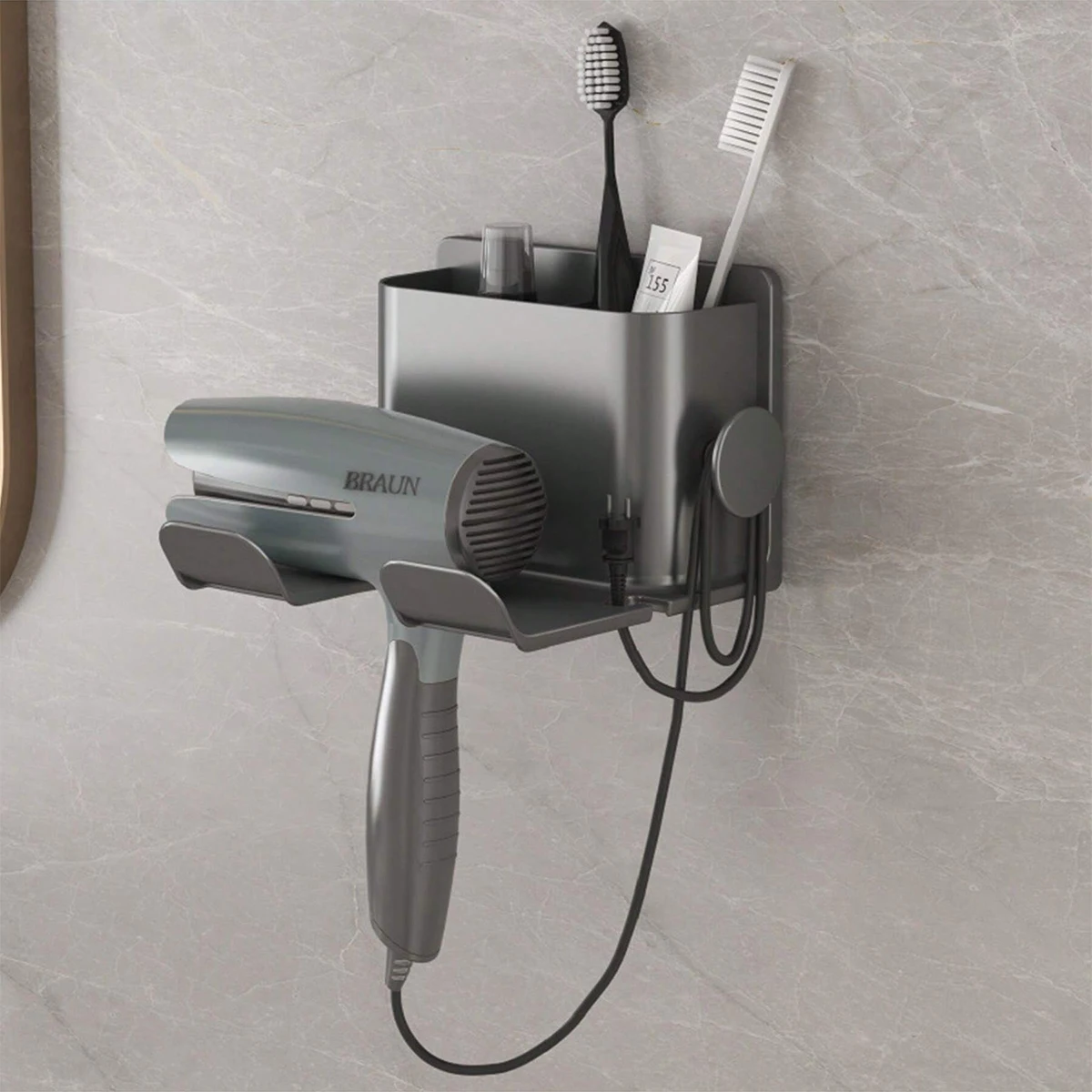 Aufbewahrungsregal für Haartrockner, Badezimmerwand, integrierte perforationsfreie Wandbehang-Haartrocknerhalterung, Aufbewahrungsregal für Badezimmer