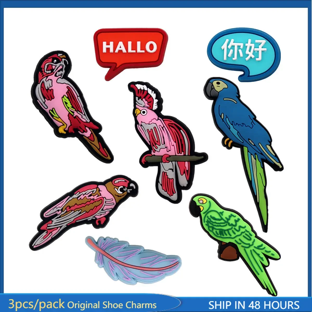 3 Pack Original Talking Parrot Style PVC Shoe Charms Sandals Buckle Accessories Upper Decorations Scarlet Macaw Shapes Clog Clip