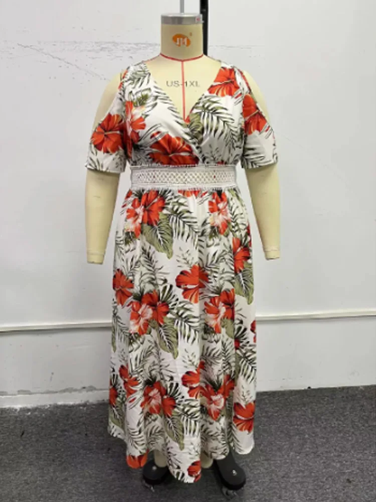 Gibsie Plus Size Koude Schouder V-Hals Met Bloemenprint A-Lijn Jurk 2024 Vrouwen Zomervakantie Strand Uitgehold Boho Lange Jurken