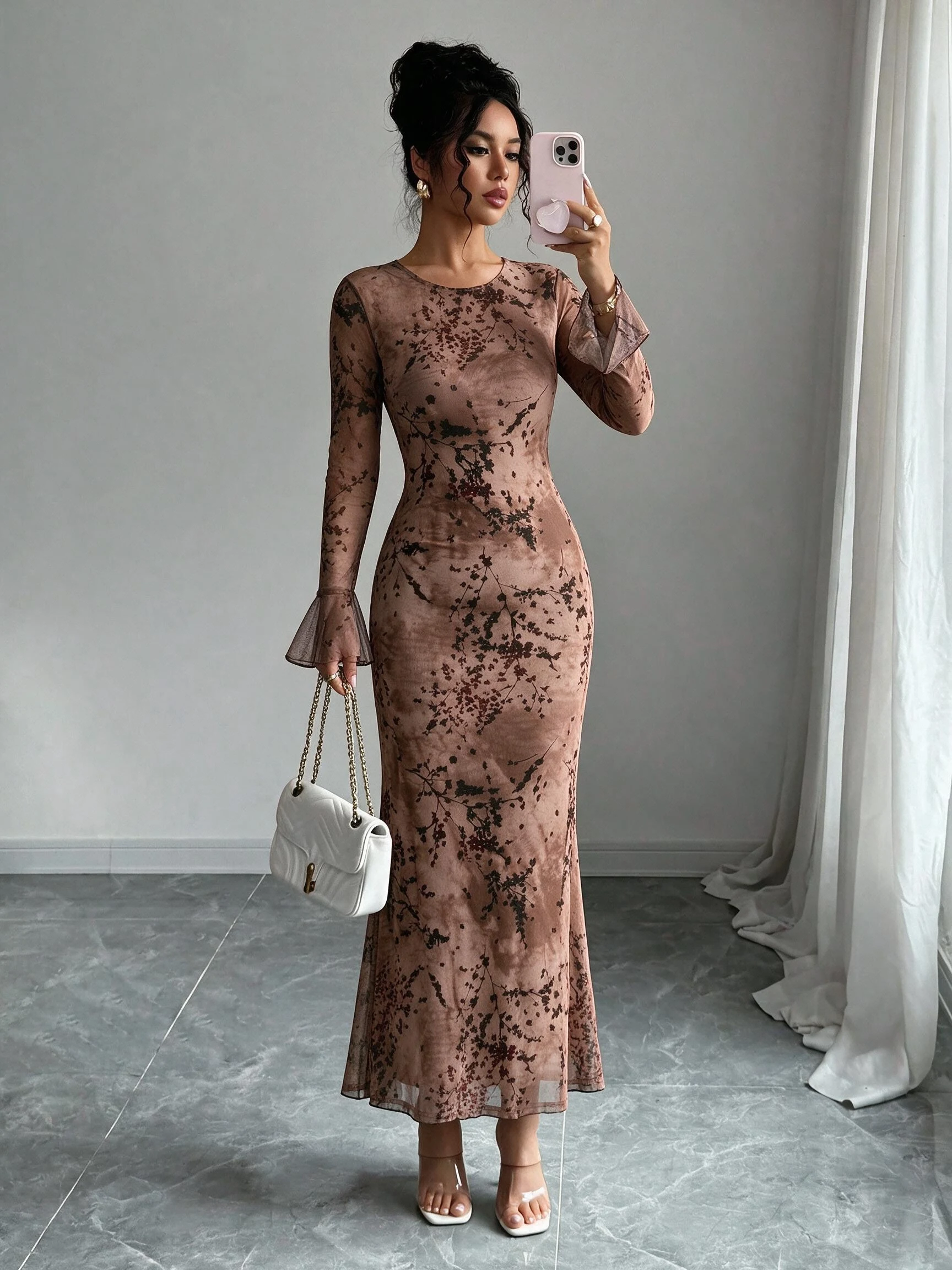Damen Mesh Langarm Blumenmuster Maxikleid mit ausgestellten Ärmeln, figurbetontes Meerjungfrauenkleid, elegantes Abendkleid für Party und Clubwear. – Detail 1
