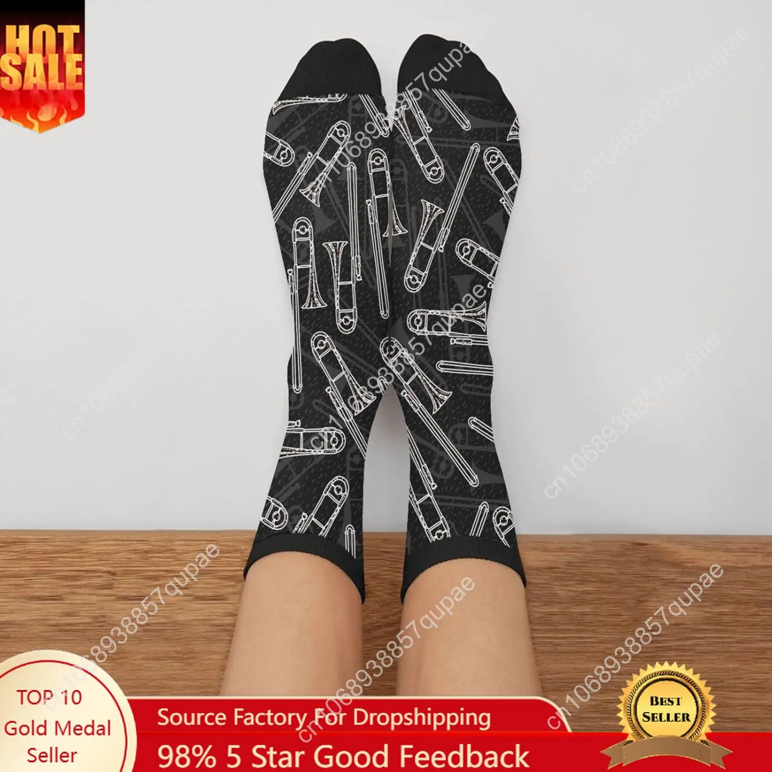 

Black White Trombones Vintage Unisex Novelty Crew Socks Casual Funny Crazy Dress Socks Gift