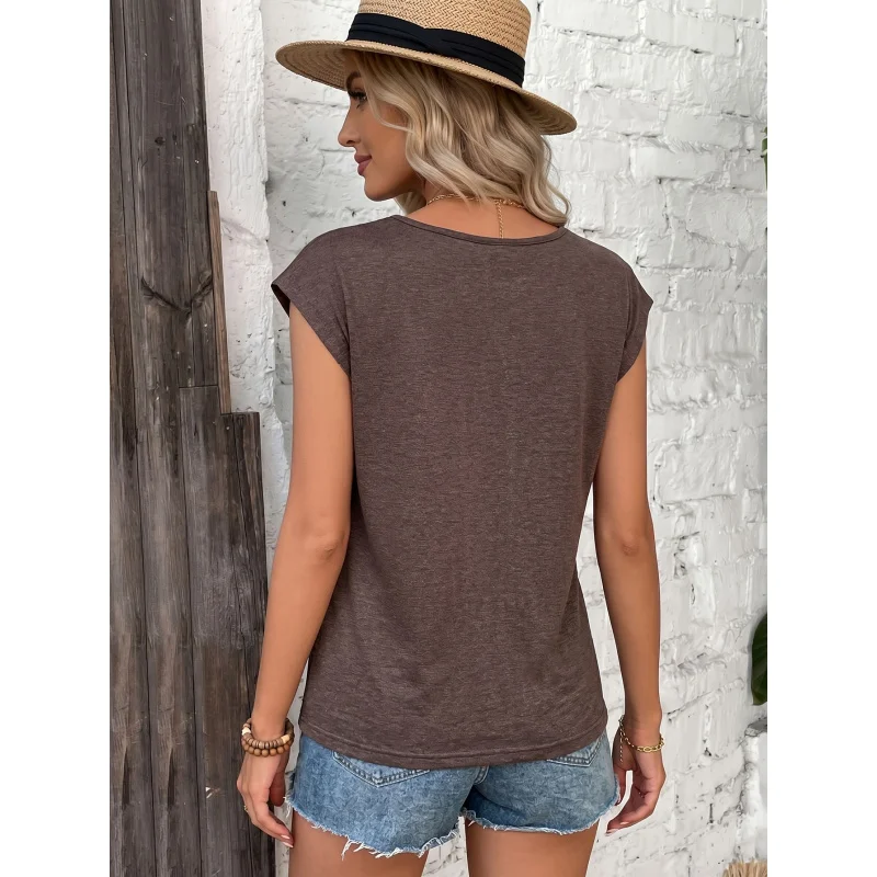 1PACK Summer New Bohemian Style V-Neck Short Sleeve-Shirt Women'S Multicolor Lace Trimmed Patchwork Vacation Style Top Ethnic