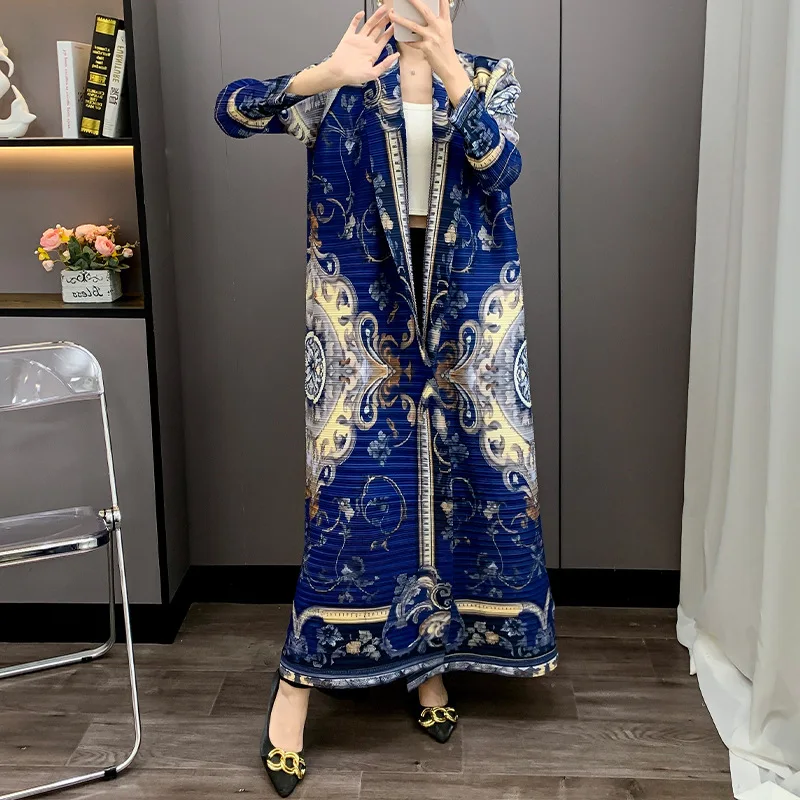 Miyake 2025 New Spring Folded Robe Loose Pleated Fashion Light Luxury Noble Middle East Printed Plisse Coat Jacket Cloak Women