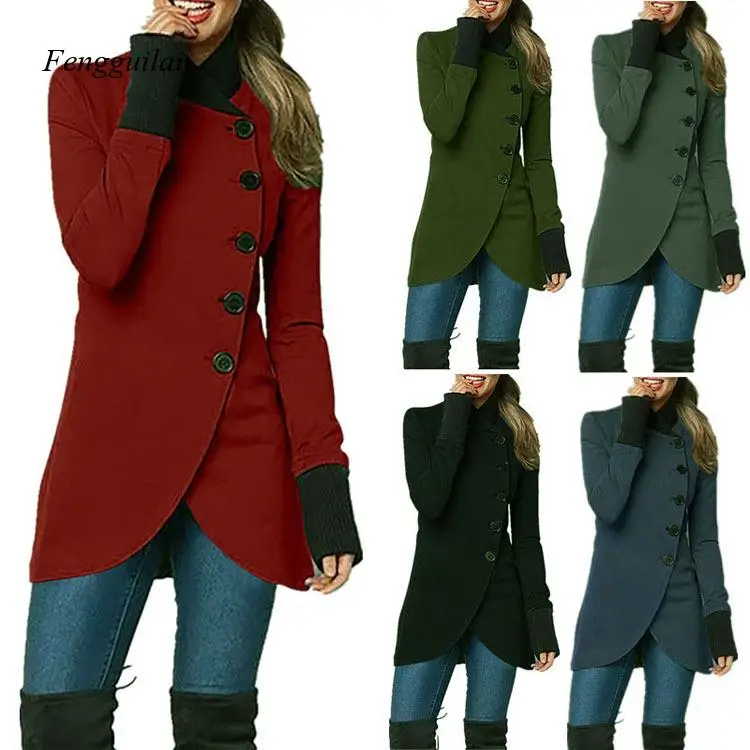 Women's Asymmetrical Button Tunic Top  Long Sleeve with Contrast Cuffs, Casual Slim Fit Blouse for Fall & Winter